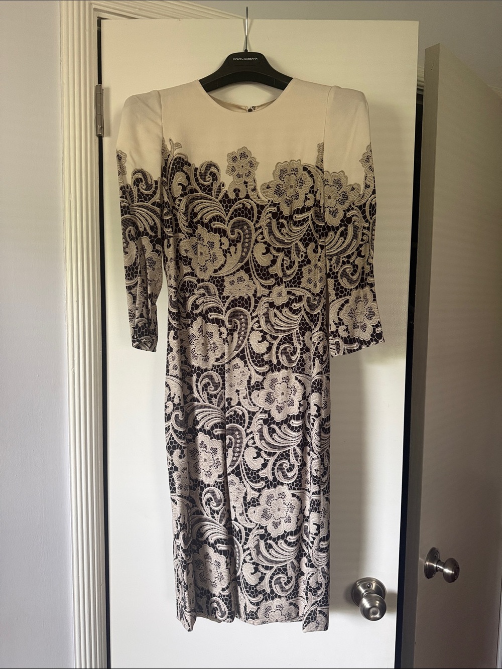Dolce & Gabbana Cream and Black Floral Lace-Print Long Sleeve Dress